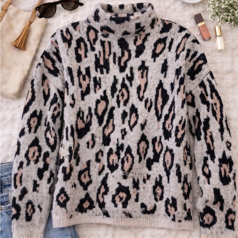 PLY Cashmere 100% Cashmere Leopard Sweater Size M Soft Blush & Black